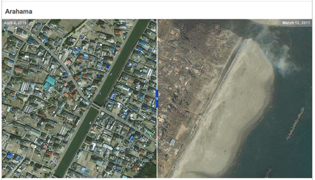 荒浜_震災前後の衛星写真